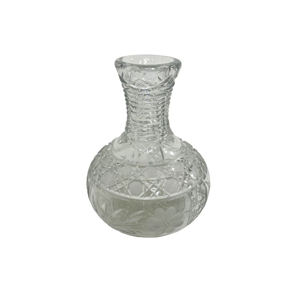 Antique Lead Crystal Cut Glass Decanter Carafe Vase 8.5” x 6” Floral Thick Heavy